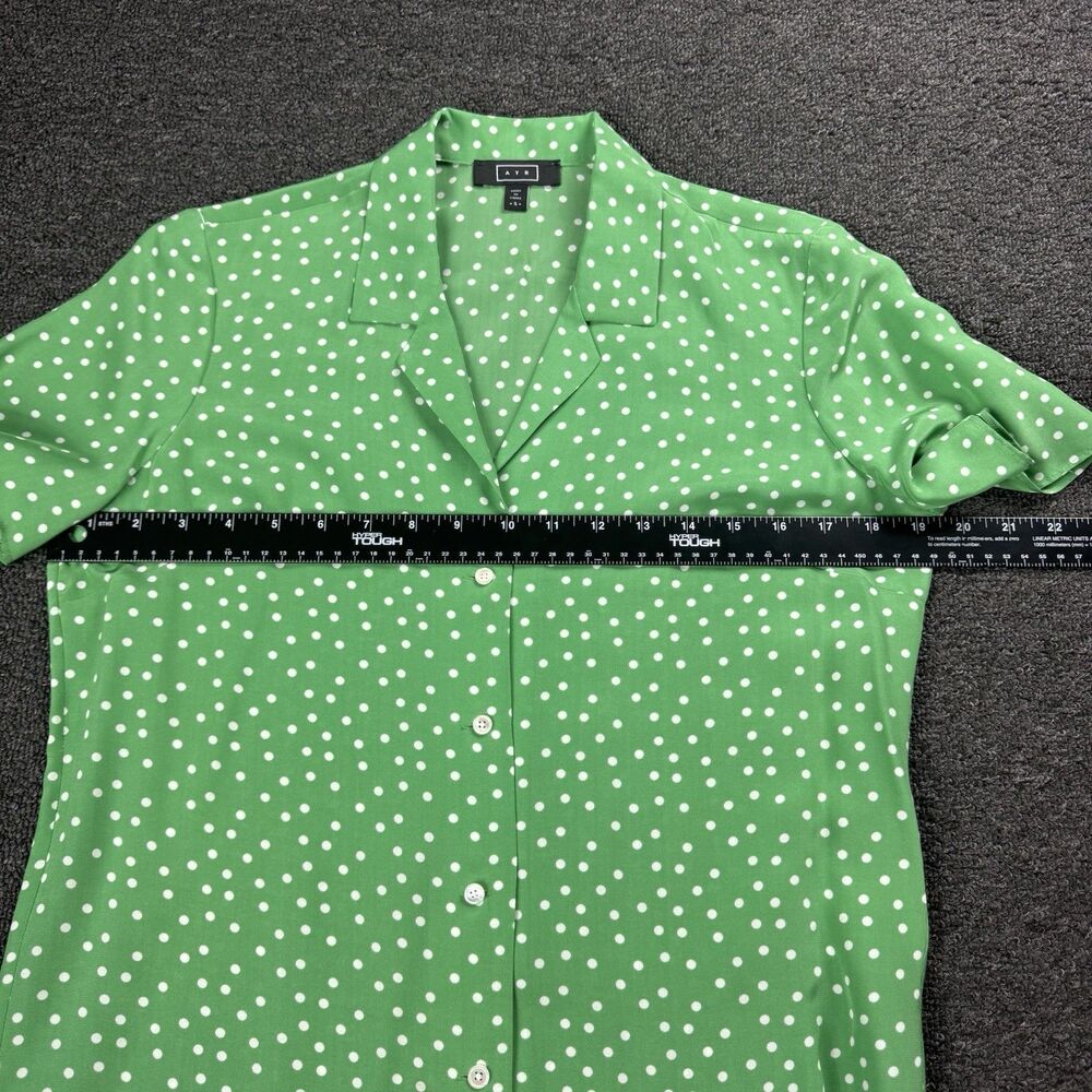 AYR Women’s Size S Polka Dot Short Sleeve Button Up Blouse Green Silk Blend - Picture 11 of 12